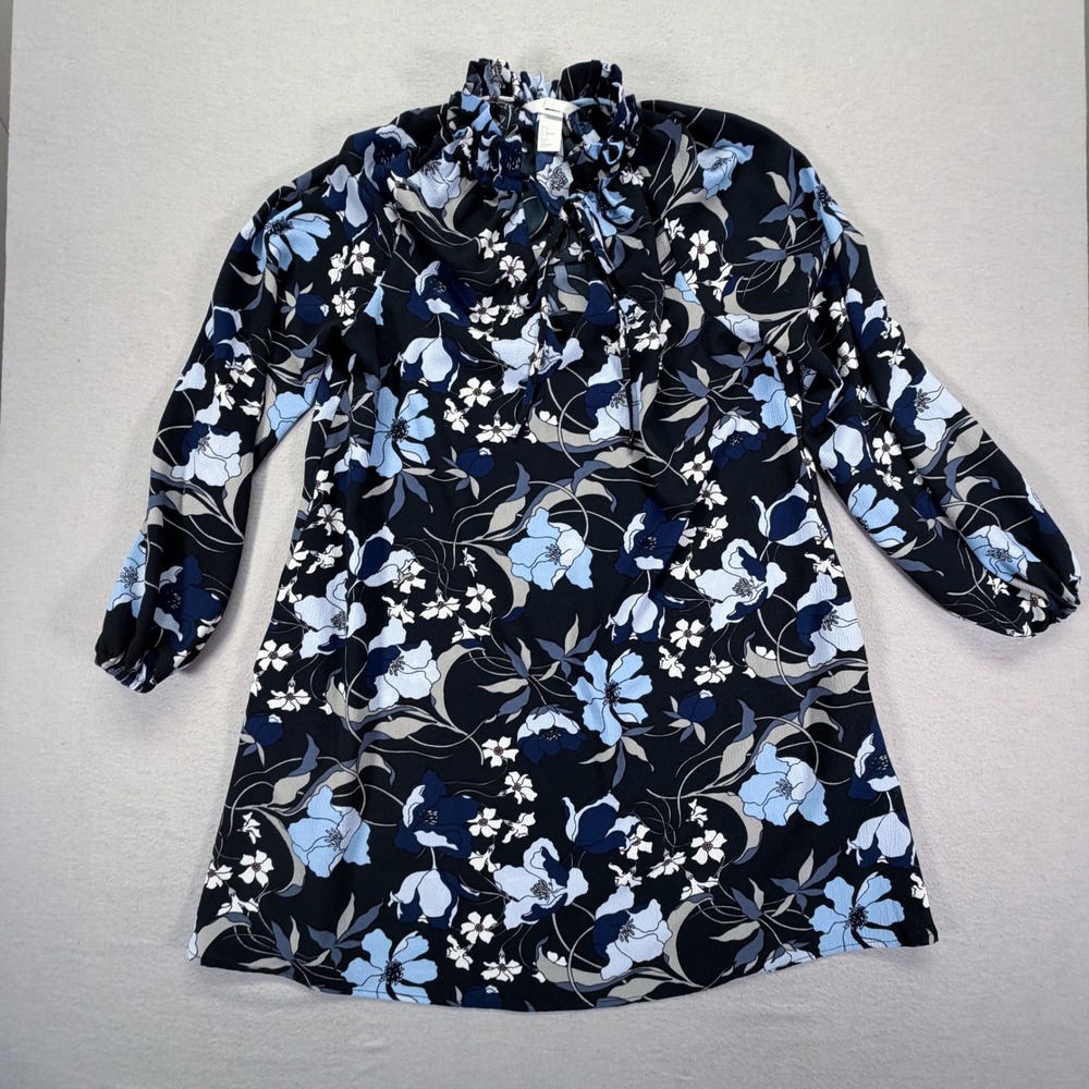 H&M Floral Blouse Womens Size 6 Blue Black Ruffle‎ Tie Neck Long Sleeve